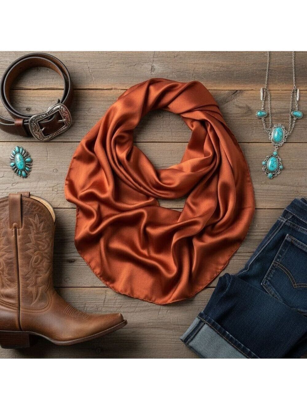 Rust Wild Rag Scarf 35x35 Satin Western Cowgirl Cowboy Bandana - Picture 6 of 10